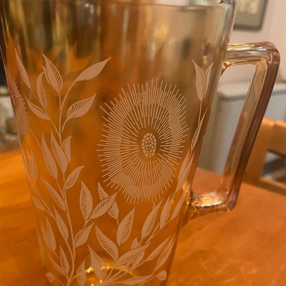 ✨Vintage Amber Glass Floral Etched Water Pitcher | 1930s Depression Style - Picture 6 of 7